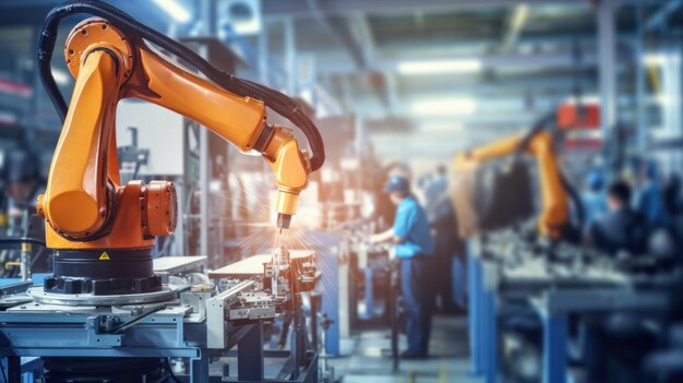 Фото Цифровая производственная операция инженер проверяет и контролирует робототехнику автоматические орудия машины на заводе автомобильной промышленности