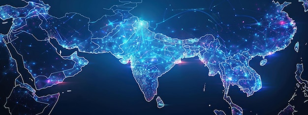 digital map of south asia with glowing blue lines and points