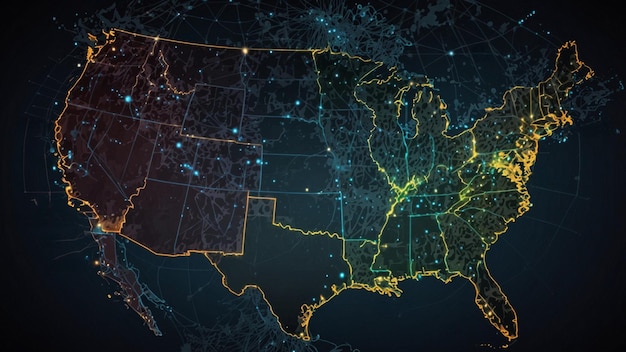 digital map of the united states with illuminated network connections at night