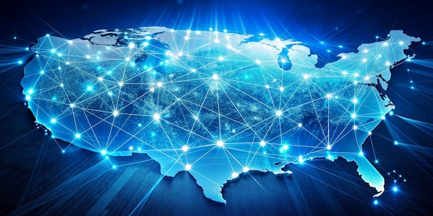 Foto mappa digitale degli stati uniti concetto di rete globale dell'america del nord trasferimento di dati scambio di tecnologia cibernetica