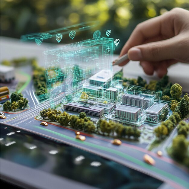 A digital map with augmented reality features overlaying navigation ...