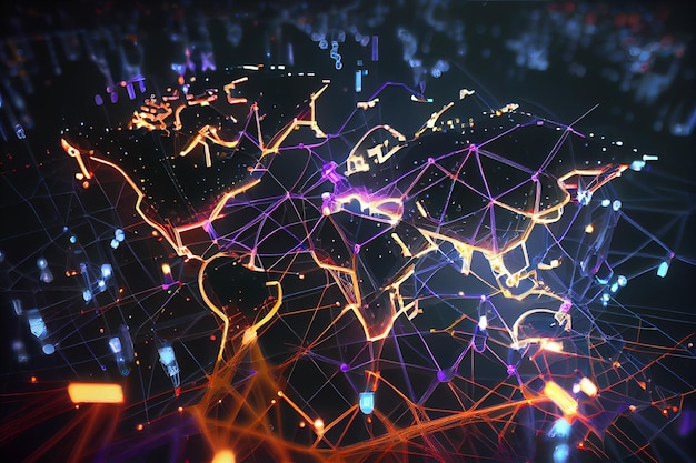 A digital map of the world with lights and lines