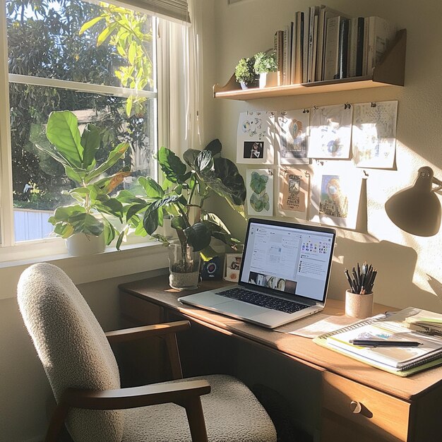 Photo digital marketers home office cozy setup with social media analytics and vision board