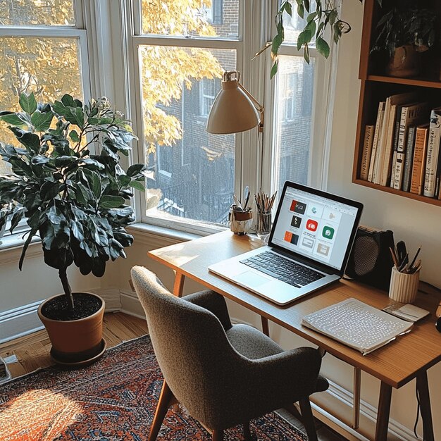 Photo digital marketers home office cozy setup with social media analytics and vision board