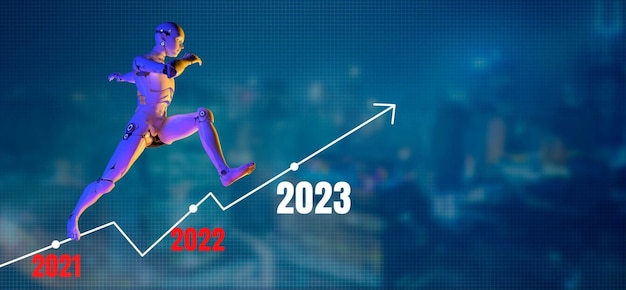 디지털 마케팅 비즈니스 재무 데이터 분석 그래프 차트 보고서 투자 재무 관리 기술 3D 로봇 점프 2022 2023 새해 경제 비즈니스 회사 성장