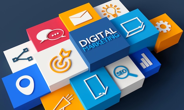 Digital Marketing icons on dark background 3DRendering