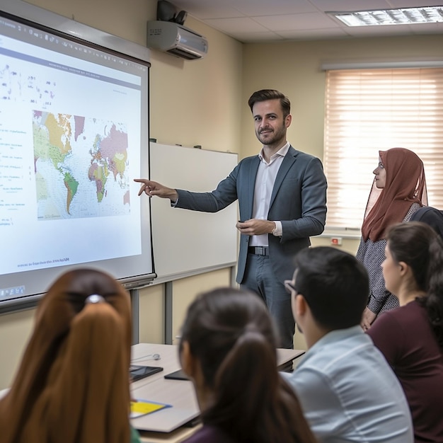 Digital marketing instructor man teaching a class to students in a modern university classroom