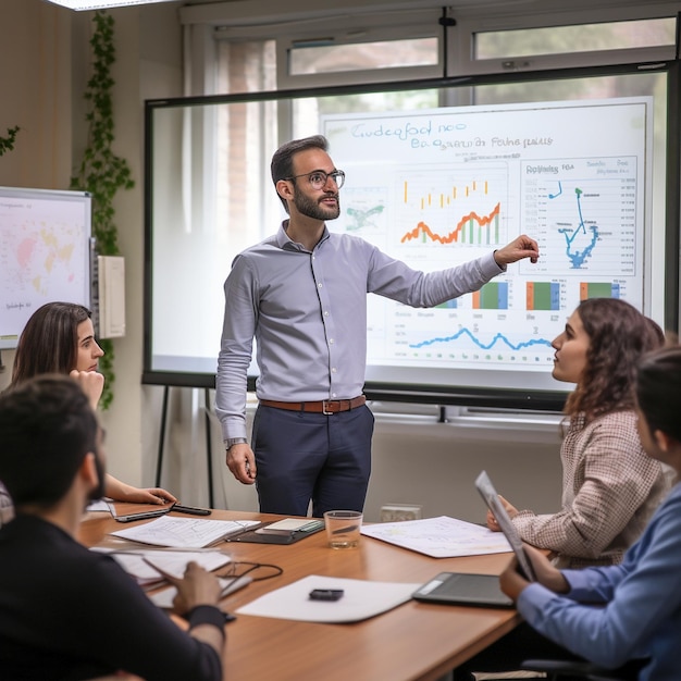 Digital marketing instructor man teaching a class to students in a modern university classroom