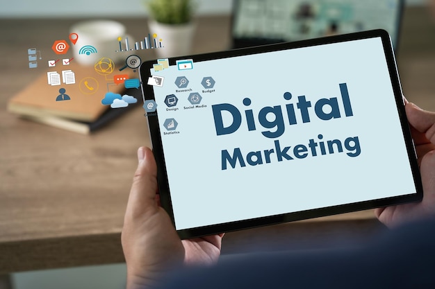 Photo digital marketing network datum businessman team hands at work with financial reports and a laptop cyberspace global marketing success analysis business technology digital transformation concept