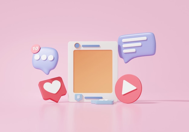 Piattaforma di marketing digitale concetto di social media con cornice del lettore video di foto e chat come commento su sfondo rosa banner cartoon minimal 3d render illustration