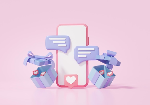 Digital marketing Social media online concept with show surprise gift box comment communication shopping contect digitally minimal cartoon on pink background 3d render illustration