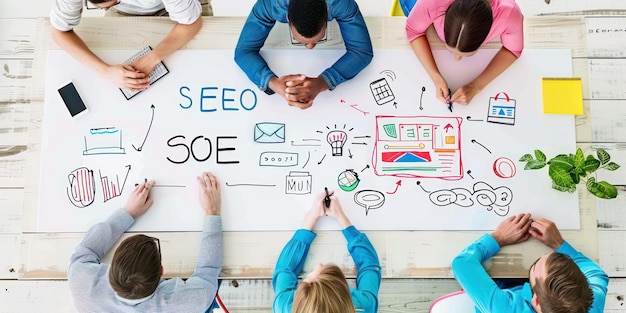 A digital marketing team brainstorming strategies with SEO written on a whiteboard in the background