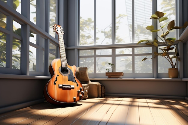 A digital masterpiece intertwines guitar interior and geometric architecture through rendering