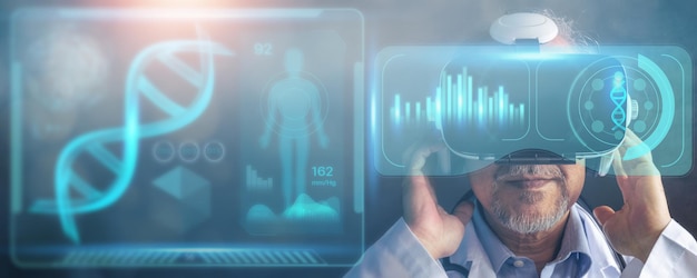 Digital medical health futuristic and global metaverse technology, doctor wearing best VR headset equipment to check internal organs patient and chromosome on screen, future innovation concept