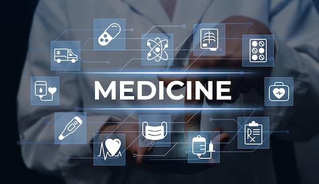 Digital medicine closeup concept image with white glyph icons