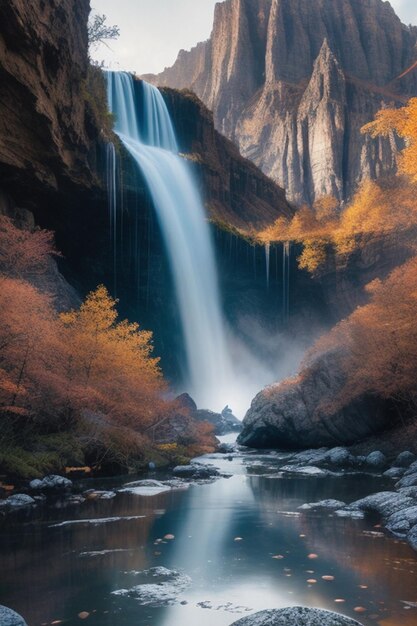 Digital metallic printing A mystical landscape filled with towering mountains cascading waterfalls