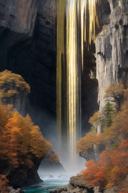 Digital metallic printing A mystical landscape filled with towering mountains cascading waterfalls