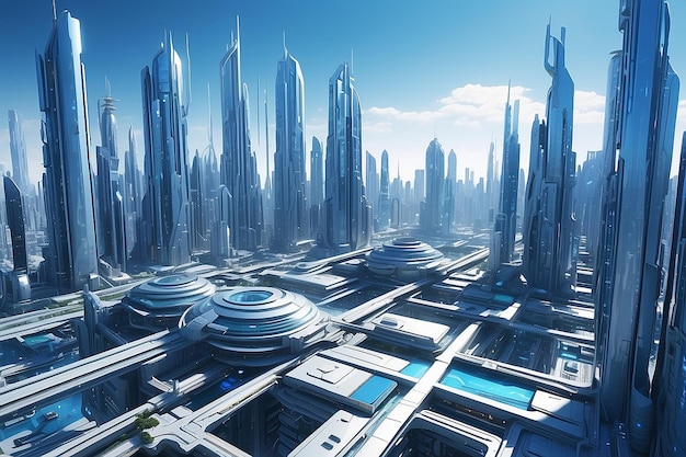 사진 디지털 메트로폴리스 (digital metropolis) - 파란색 배경의 미래 도시 3d 렌더링
