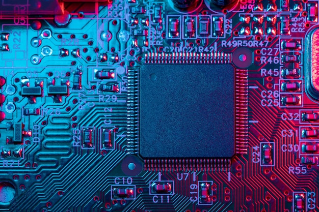 Digital Microprocessor Computer Controller Circuit Board closeup Main Central Processing Unit Electronic Chips with Data Signal Lane