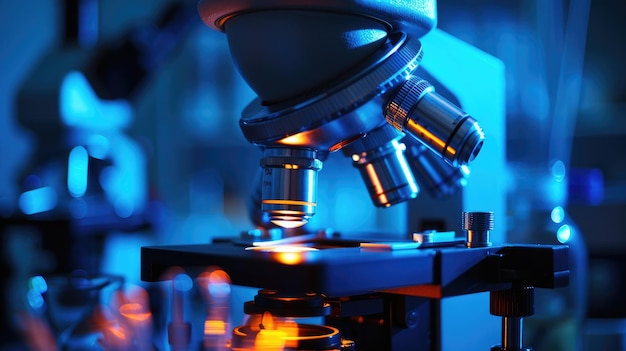 デジタル微鏡 - 暗の医療実験室で研究するためのデジタル微鏡 - 青い光の実験室における近代的な機器 - 技術の概念 - 医学 - 科学 - 微生物学