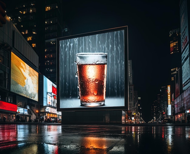 Digital mock up of illuminated billboard in cityscape at night with unlabeled drink glass