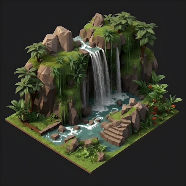 A digital model of a waterfall with a waterfall in the background.