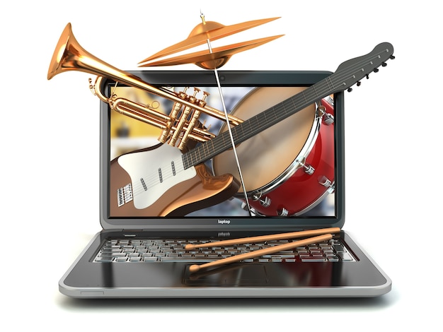 Digital music composer concept. Laptop and musical instruments. Guitar, drums and trumpet. 3d