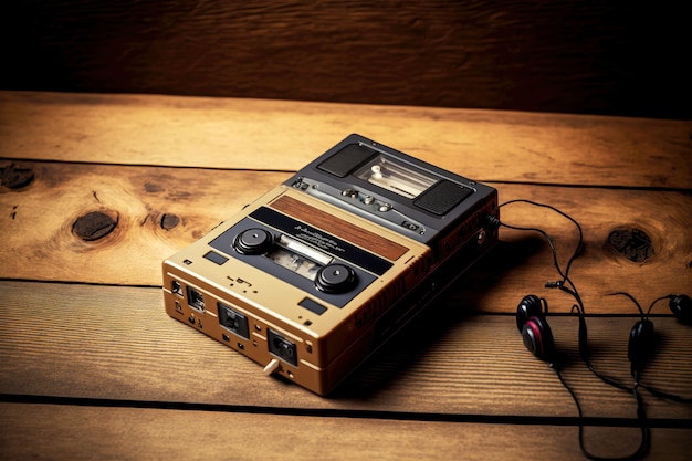 Digital musical player walkman with cassette recorder on wooden background