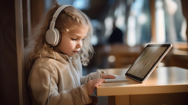 Маленькая девочка цифрового поколения Alpha умело управляет планшетом