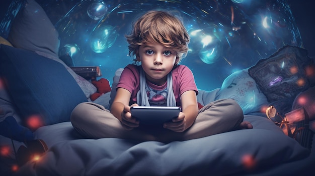 A digital native child utilizing gadgets from morning to night lies contentedly on the sofa