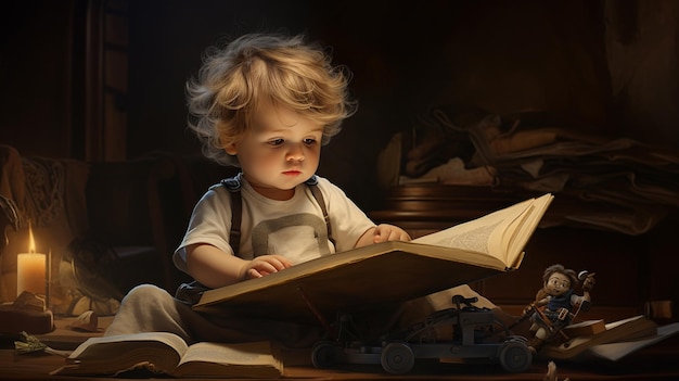 デジタル ネイティブ 本を読んで遊んでいる赤ちゃん アルファ世代の子供たち 将来の子供たちの想像力