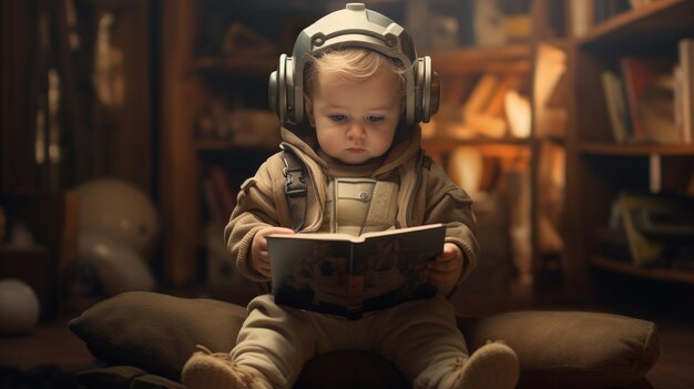 Digital Natives a baby wearing a digital hoodie reading and playing with a book gen alpha kids