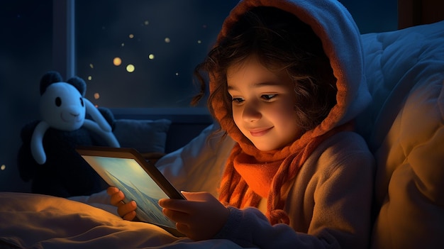 Digital Natives a cute girl using a Tab while lying in bed genalpha kids future kids