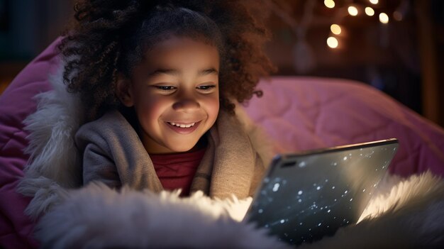 Photo digital natives a cute girl using a tab while lying in bed genalpha kids future kids