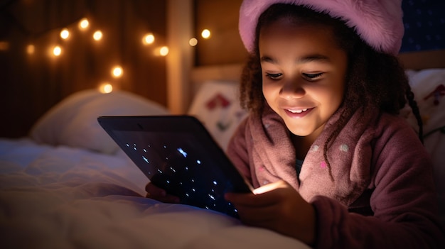 디지털 네이티브 (Digital Natives) 는 침대에 누워 있는 동안  ⁇ 을 사용하는 귀여운 소녀입니다.