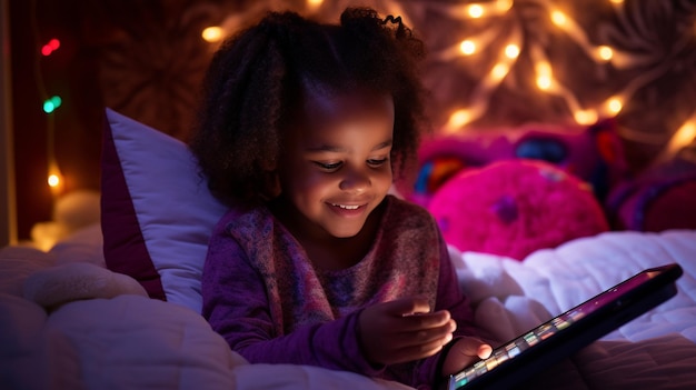 Photo digital natives a cute girl using a tab while lying in bed genalpha kids future kids