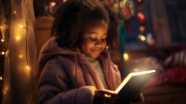 Digital Natives, een schattig meisje dat een tabblad gebruikt terwijl ze in bed ligt, genalpha kids, toekomstige kinderen