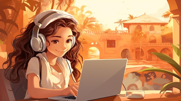 Digital Natives девочка использует ноутбук с наушниками Genalpha Kids Future Kids иллюстрация искусство