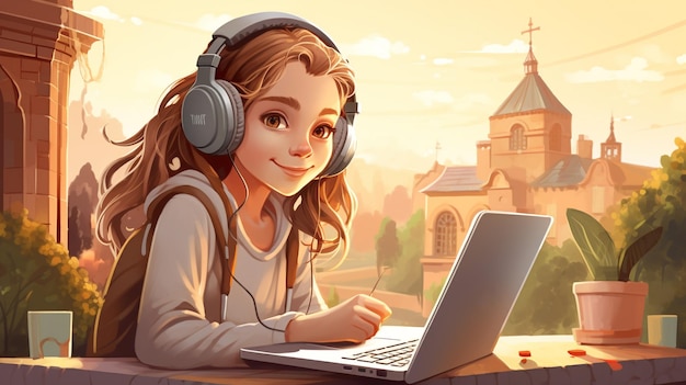 Digital Natives девочка использует ноутбук с наушниками Genalpha Kids Future Kids иллюстрация искусство