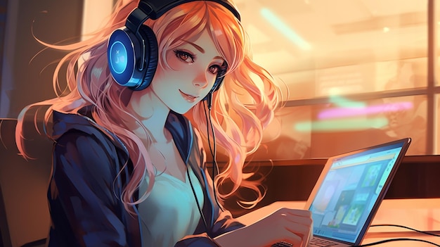 Digital Natives a girl using a Laptop with headphones genalpha kids future kids illustration art