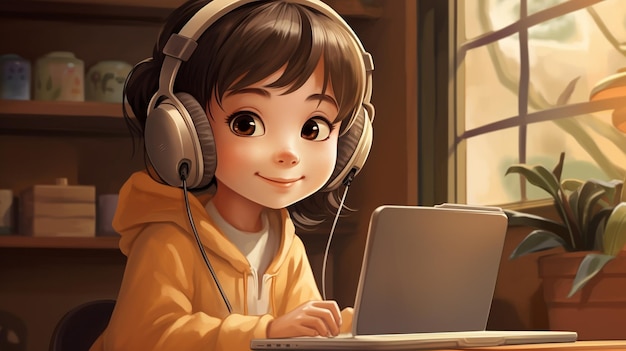 Digital Natives a girl using a Laptop with headphones genalpha kids future kids illustration art