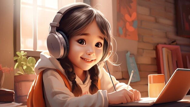 Digital Natives a girl using a Laptop with headphones genalpha kids future kids illustration art