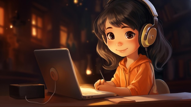 Digital Natives a girl using a Laptop with headphones genalpha kids future kids illustration art