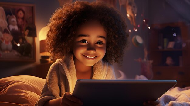 Digital Natives a girl using a Tab while lying in bed genalpha kids future kids illustration art