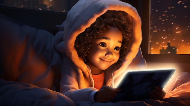 Digital Natives: девочка, использующая Tab, лежа в постели, генальфа, дети, будущие дети, иллюстрация, искусство