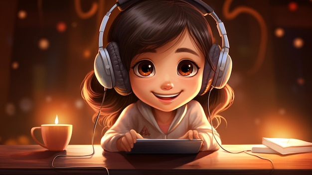 Digital Natives little girl using a Tablet with headphones genalpha kids future kids illustration