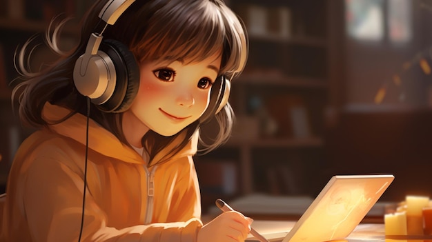 Digital Natives little girl using a Tablet with headphones genalpha kids future kids illustration