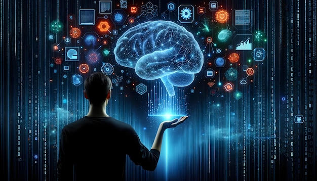 Человек с цифровой нейронной сетью, использующий возможности передовых технологий мозга и потока данных