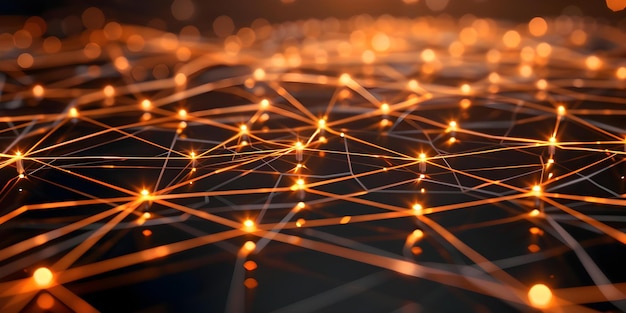 빛나는 스레드 (glowing threads) 로 연결된 디지털 노드는 사물인터넷 (IoT) 에서 장치의 상호 연결성을 보여줍니다.