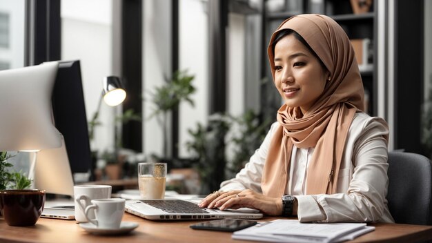 Digital Nomad Chic иллюстрирует современный рабочий стиль жизни с участием азиатской бизнесменки в hijah